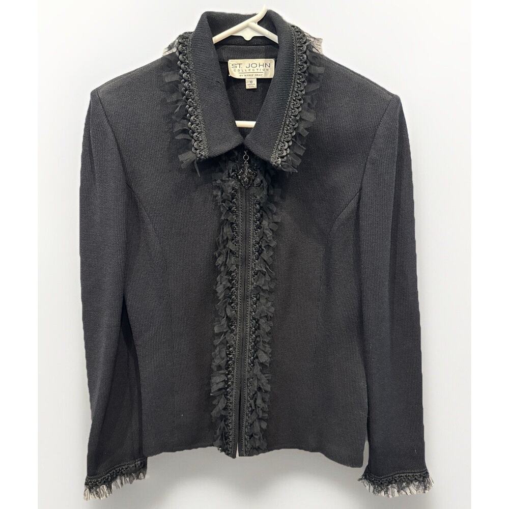 St. John Collection Santana Knit Tulle Corded Zip Jacket Size‎ 10 Classic USA